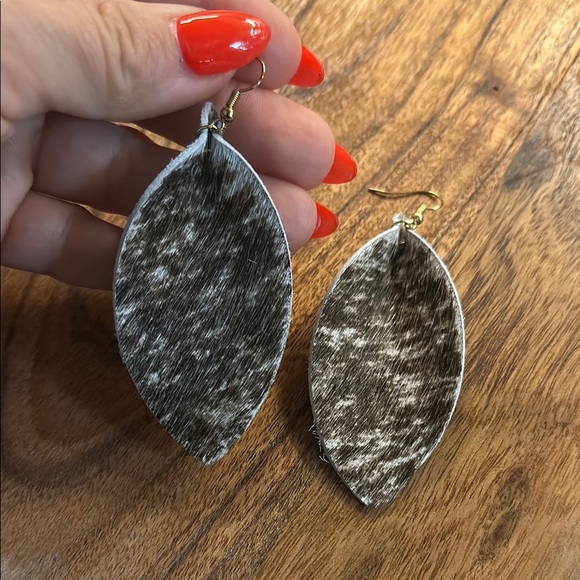 Cowhair print leather earrings, handmade, boho, festival - Picture 2 of 3